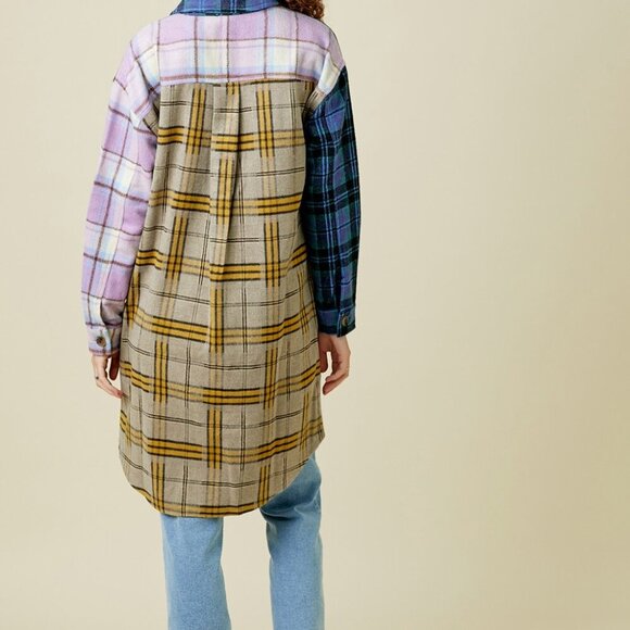 MYSTREE MIXED PLAID COLOR BLOCK LONG JACKET - Picture 4 of 7